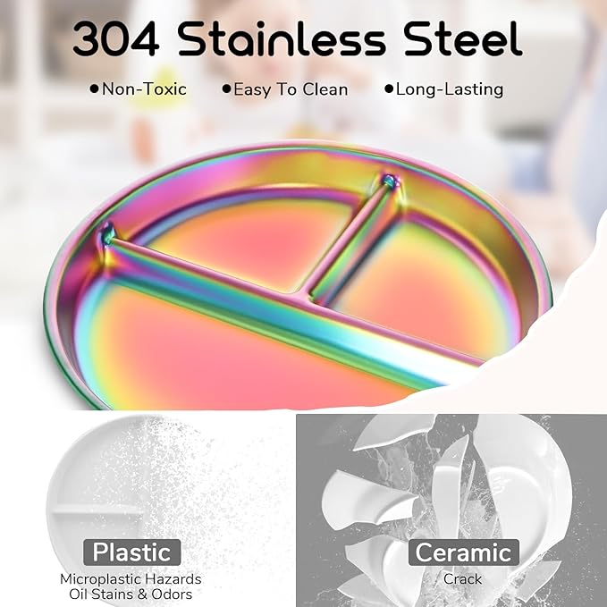 Bakpoco 9" Stainless Steel Toddler Plates Set of 6, Divided Plate for Kids & Baby, Non Toxic Unbreakable Dishes Dinnerware Adults Portion Control Snack Container, Colorful Meal Time Chums