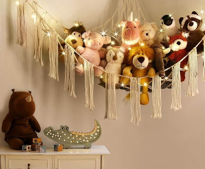 Stuffed Animal Hammock Corner Storage with LED Light - Toy Hammock Large Plushie Net - Stuffed Animal Holder Hanging Organizer - Teddy Bear Hammocks Room Decorations Preppy Toddler Kids Room Decor
