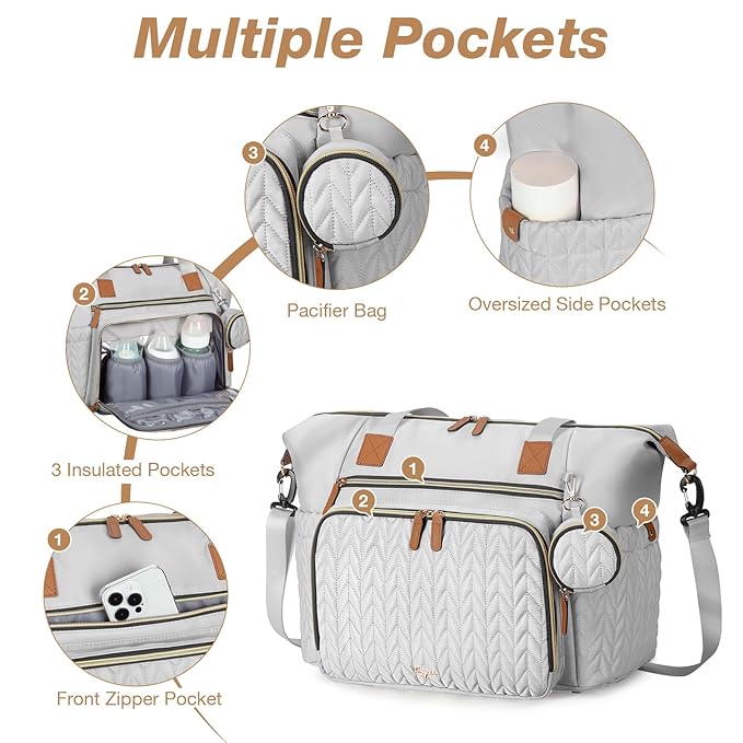 Tonyeee Diaper Bag Tote, Large Diaper Bags Waterproof, Hospital Bag for Labor Delivery, Baby Bag with Pacifier Case, Travel Diaper Tote with Changing Pad, Grey