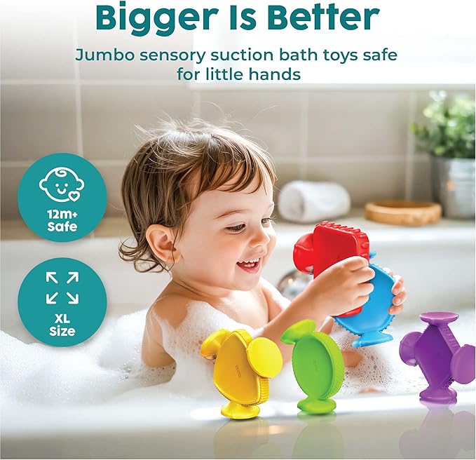 BUNMO Big Shapes Textured Suction Bath Toys for Toddlers 1–3 (10 Pack), Extra Large Silicone Bathtub Toys, BPA-Free Suction Cup Toys, Bath Toys for Kids Ages 1+, Sensory Bath Toys