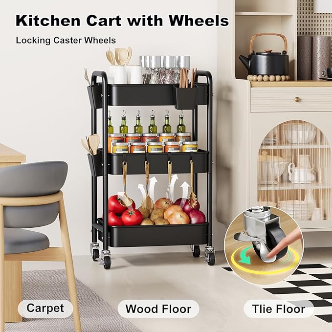 3 Tier Rolling Cart Metal with Wheels, Black Three Tiered Art Cart Organizer on Wheels, Storage Utility Trolley Carts for Kithcen, Craft, Nail, Lash, Makeup, Salon,Bedside, Bathroom, Office, Snack