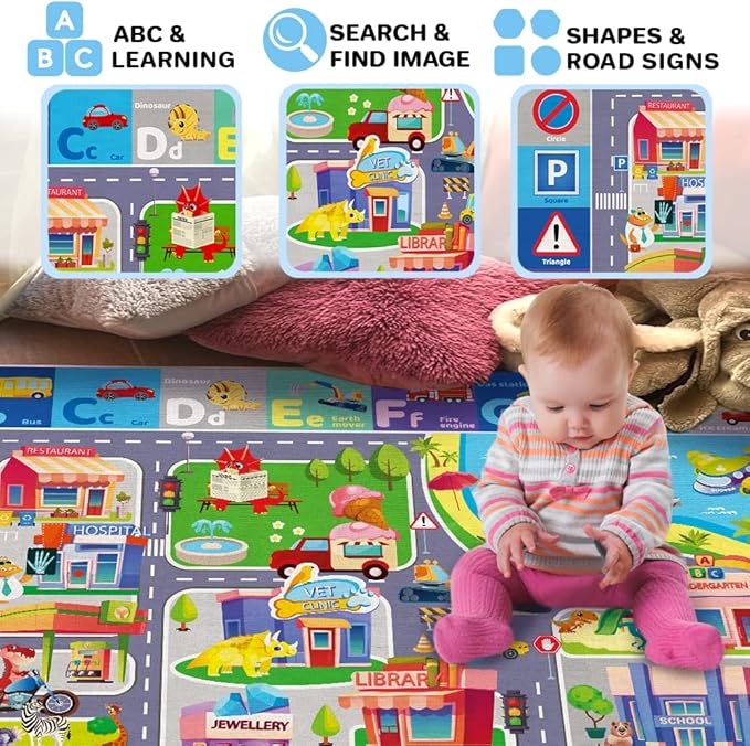 QUOKKA Baby Mat for Floor Play for Babies 6-12 Months – Super Soft Baby Floor Play Mat for Toddlers 1-3 – ABC City Large Thick Plush Rug for Nursery – Padded Foldable Activity Infant Playroom Carpet