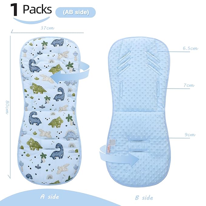 Baby Stroller Cushion,Soft Minky Dotted and Printed Stroller Seat Liner-Reversible Universal Breathable and Soft Newborn Pram Pad, Cotton Infant Car Seat Insert-82x37cm,1 Pack(Dinosaur+Baby Blue)