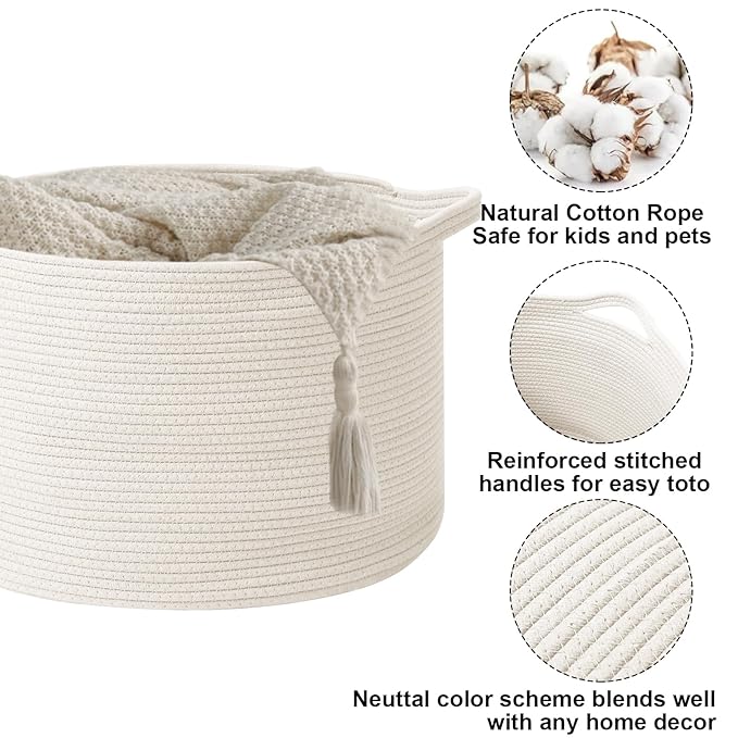Large Storage Basket with Handle,19.7" L x 19.7" W x 13" H Blanket Basket Storage Bins for Organizing,65L Cotton Rope Woven Baskets for Living Room, Nursery,Bedroom,White