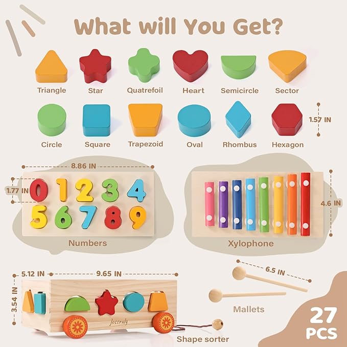 Jessruly Shape Sorter - Wooden Xylophone and Montessori Number Puzzle Set for Babies - Educational Sorting Game with Storage Car for Toddlers