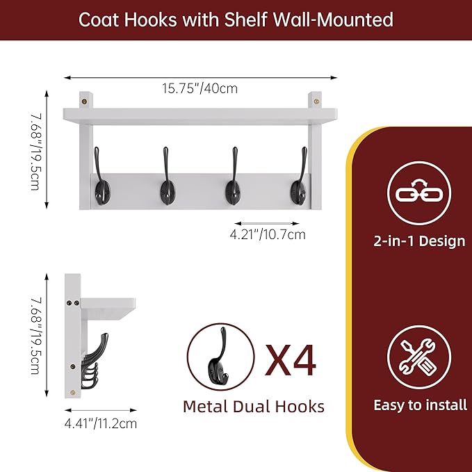 STELLSTAR Coat Rack with Shelf Wall Mount, Entryway Bamboo Hanging Shelf, Set of 2, Wall Hook Rail for Hallway Décor, Storage Clothe, Hat, Robe, Key, Dog Leash (White+Black)