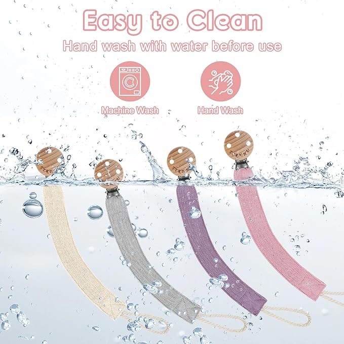 TYRY.HU Ribbon Pacifier Clip Holder,4 Pack Binky Paci Holder Clips, Pacifier Leash, Soft Webbing Strap Universal Fits for Most Pacifier, Styles(Cream,Grey,Rose,Purple)