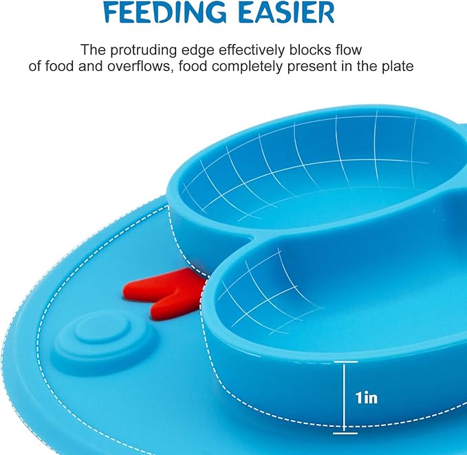 Linowos Baby Divided Plate Silicone- Portable Non Slip Child Feeding Plate with Suction Cup for Children Babies and Kids BPA Free Baby Dinner Plate Microwave Dishwasher Safe … (Duck-Blue)