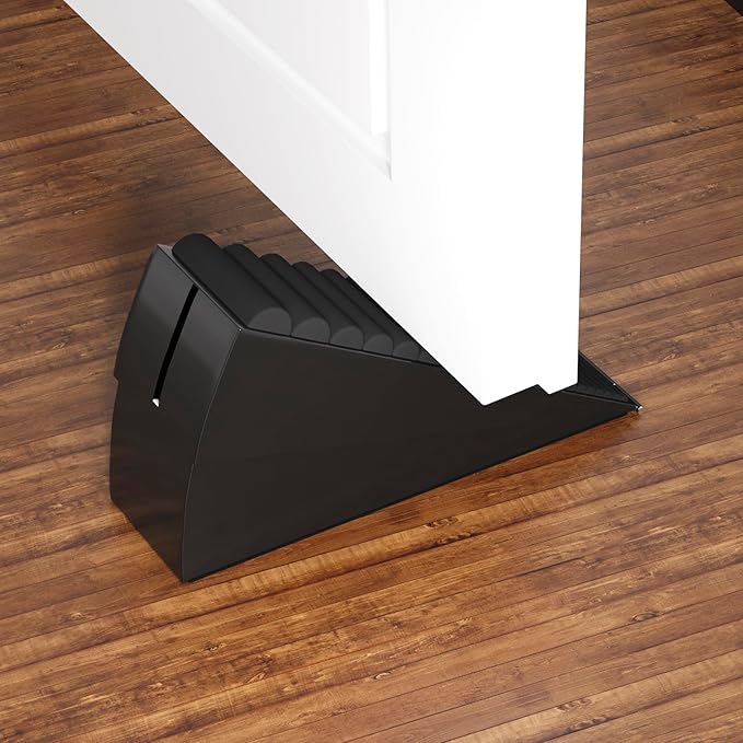 HOMOTEK Adjustable Tall Wedge Door Stopper, Heavy Duty Higher Door Stopper for Bottom of Door, Large Stainless Steel Door Stop Spring Non-Slip Rubber, Suit for Door Clearance of 0.2"-3", Black 2Pack