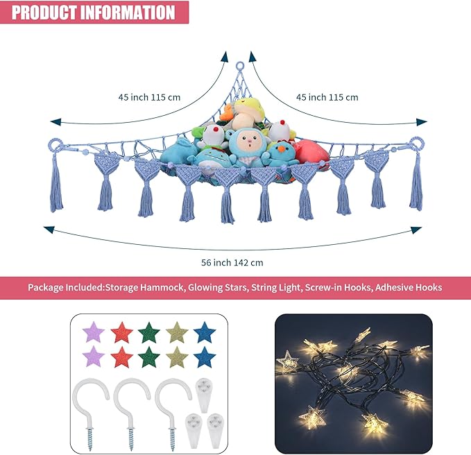 Stuffed Animal Hammock Corner - 56'' Jumbo 5mm Double Macrame Cord Handcrafted Stuffed Animal Net - 100% Natural Cotton Toy Hammock Holder - Cornflower Blue Stuffy Plushie Net w/LED Star Light