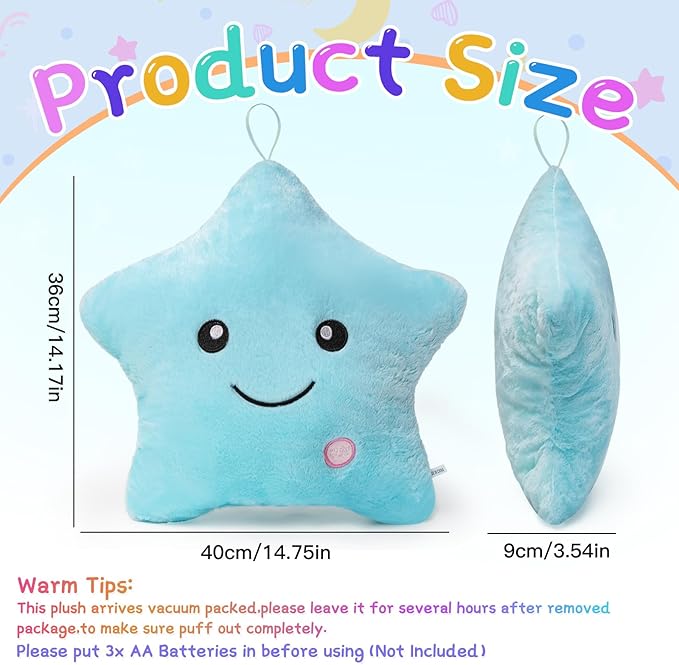 Subao Sensory Toys for Kids with Autism,14" Twinkle Star Plush Light Up Toddler Pillow,Autism Sensory Products,Toddler Travel Soft Toys,Birthday Xmas Easter Gifts for Boys Age 3 4 5 6 7 8 9 Blue