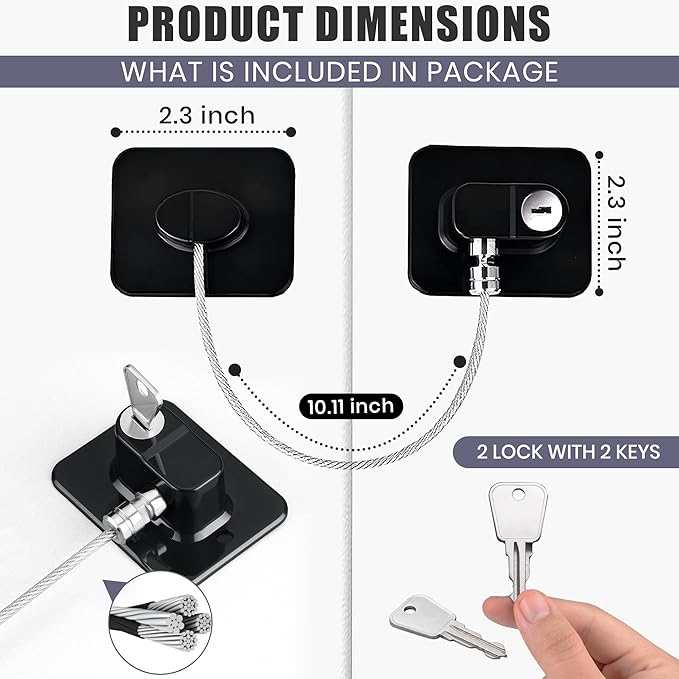 2Pcs Refrigerator Lock with Keys, Child Proof Cabinet Lock With Strong Adhesive, ABS Plastic & Stainless Steel Wire, Multi-Purpose Baby Proof for Fridge, Freezer, Cabinets, Drawers, Oven, Toilet & RVs