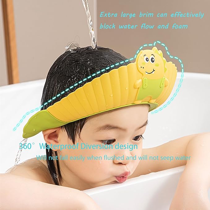 Baby Shower Cap Shield, Shower Cap for Kids, Visor Hat for Eye and Ear Protection for 0-9 Years Old Children, Cute Little Dinosaur Shape Makes The Baby Bath More Fun (Yellow)