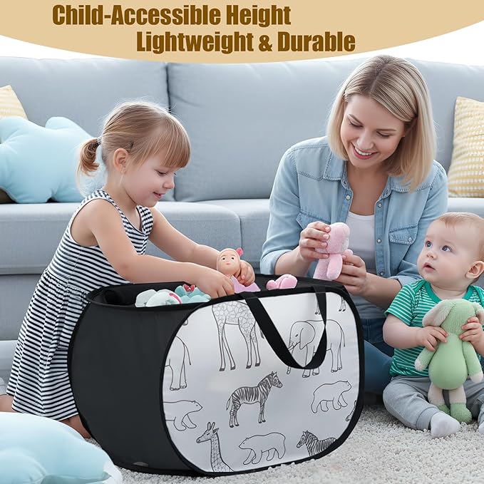 Seefoo Cute Storage Basket with Zipper Lid, Collapsible Toy Basket with Handles - Foldable, Lightweight Sturdy Fabric Animal Print Toy Bin for Kids Room, Boys/Girls Room, Playroom, Bedroom, Black