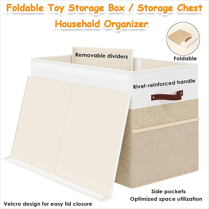 Fineonly Large Toy Storage Box with Lid Upgraded Toy Storage Chest Organizer with Divider Foldable Toy Bin for Kids Boys Girls Playroom Nursery Bedroom (25"x13"x16")
