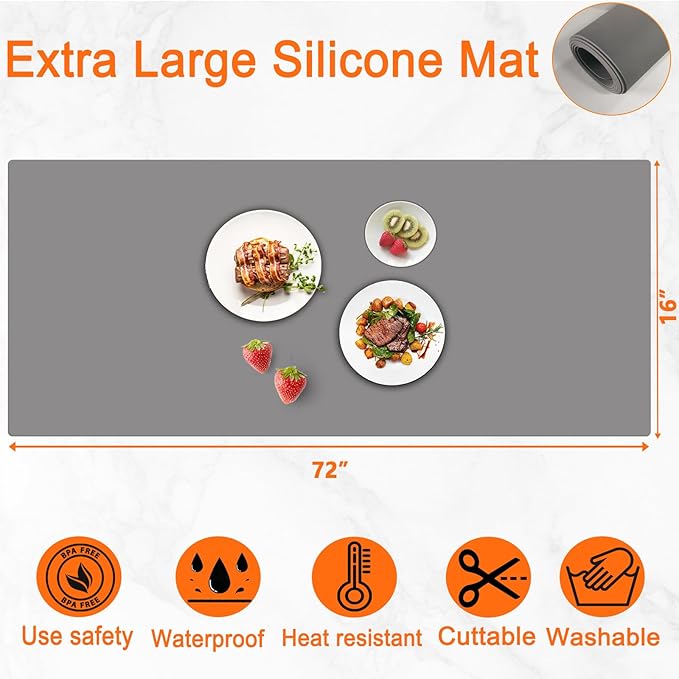 72''x16'' Extra Large Silicone Mat for Kitchen Counter, Heat Resistant Countertop Protector, Non-Slip Waterproof Kitchen Island Mat, Easy to Clean, Light Gray