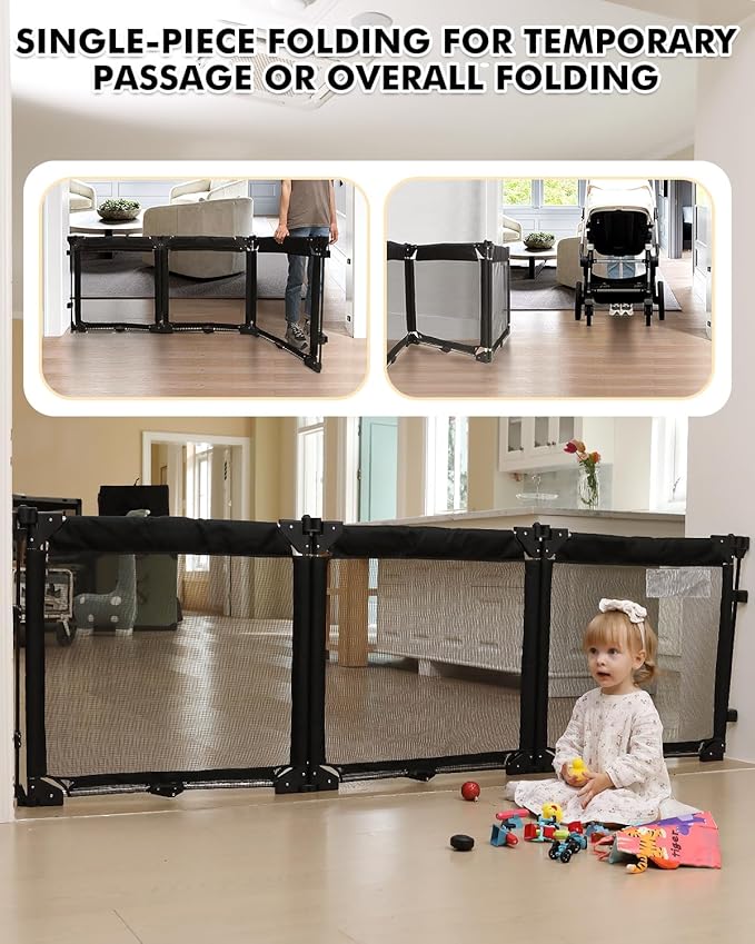 Dearlomum Extra Wide Gate Playpen with Heat-Resistant Mesh, 3 Panel Foldable Fence, Indoor/Outdoor Safety Barrier, Dog Playpen & Fireplace Gate, Black