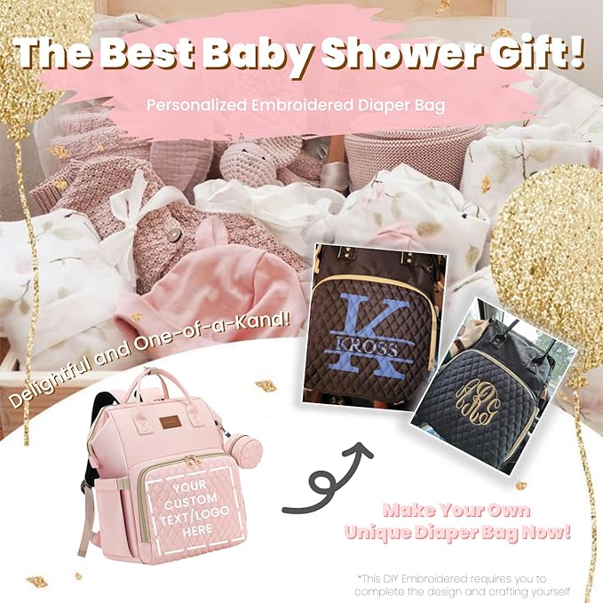ROSEGIN Pink Diaper Bag Backpack for Baby Girls - Baby Shower Gifts for Mom, Quilted Diaper Bag with Changing Pad, Pacifier Case, Insulated Pockets, Stroller Straps, 35L Large Capacity - Cute