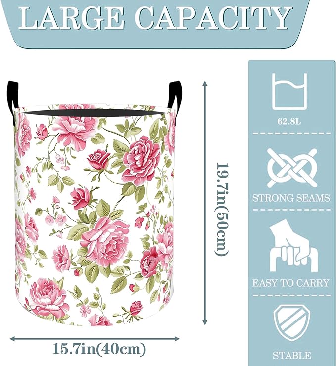 VODRM Classic Rose Floral Laundry Basket, Dirty Collapsible Clothes Toy Organizer Hamper for Kids Adults, Oxford Cloth Waterproof Storage Bin for Bedroom Bathroom Home Decor Gifts, 19.7"X15.7"