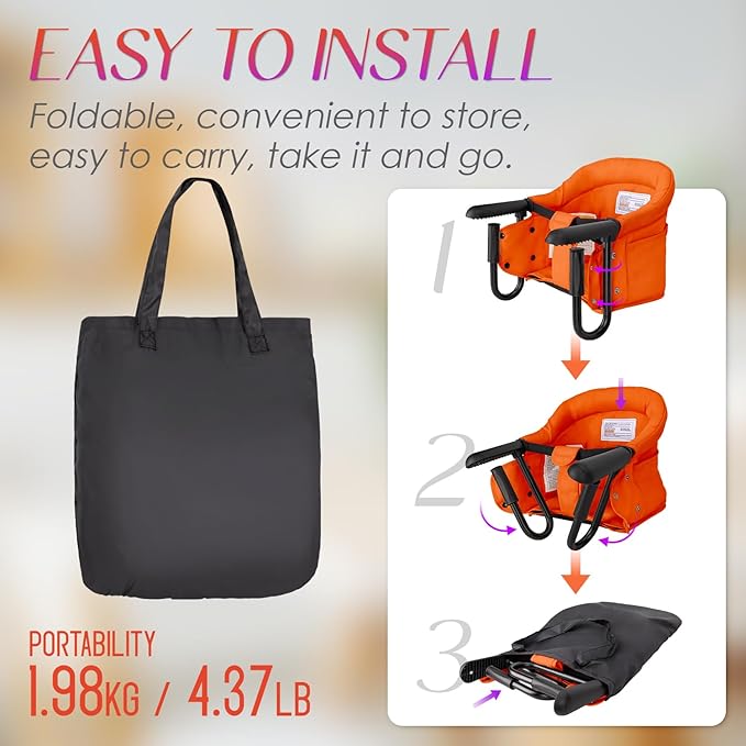 Hook on High Chair,Portable Foldable High Chair for Babies 6-36 Months, Includes Storage Bag (Orange)