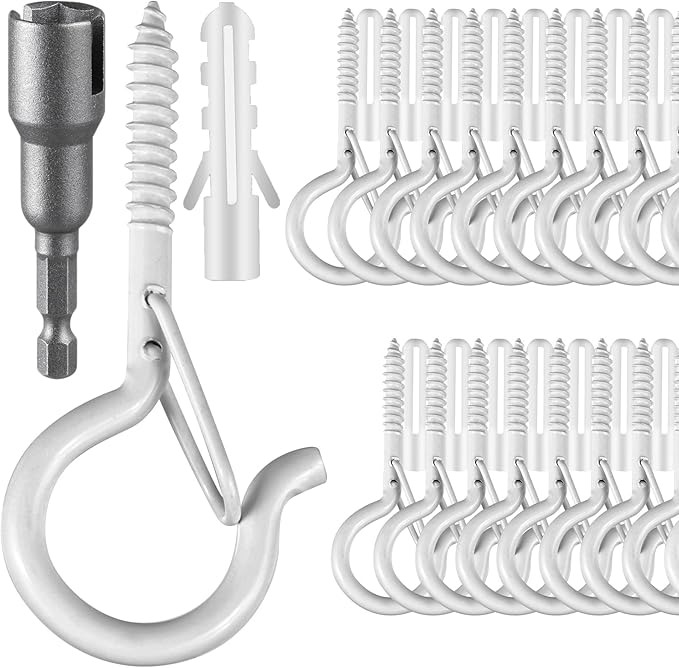 FSAH 36 PCS Q-Hanger Hooks, Screw Hooks for Outdoor String Lights, Safety Buckle Design Cup Eye Hook for Hanging Christmas Lights, Plants, Mounted on Wall Ceiling, Include 1 Wing Nut Driver, White