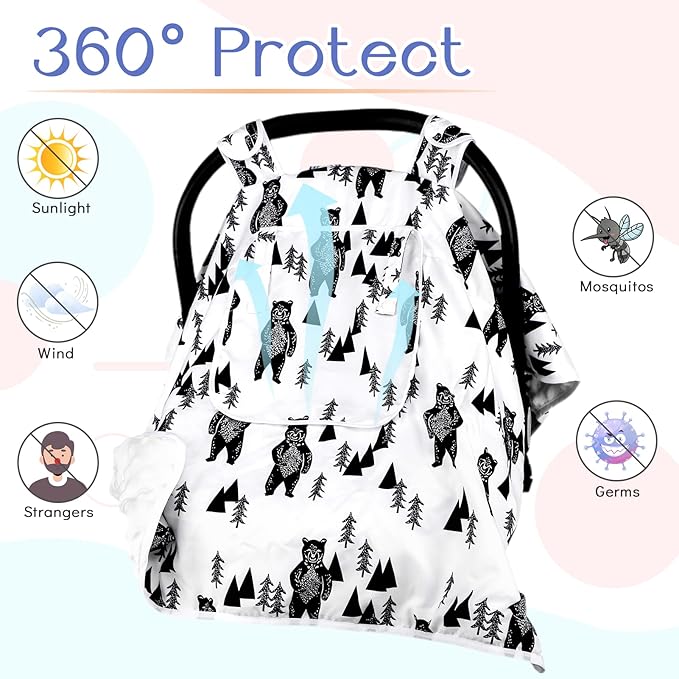 Baby Carseat Cover Boys, Newborn Car seat Canopy, Minky Cozy & Warm Cover, Winter Carrier Cover with Peep Windows, Soft & Breathable, Bear Stuff