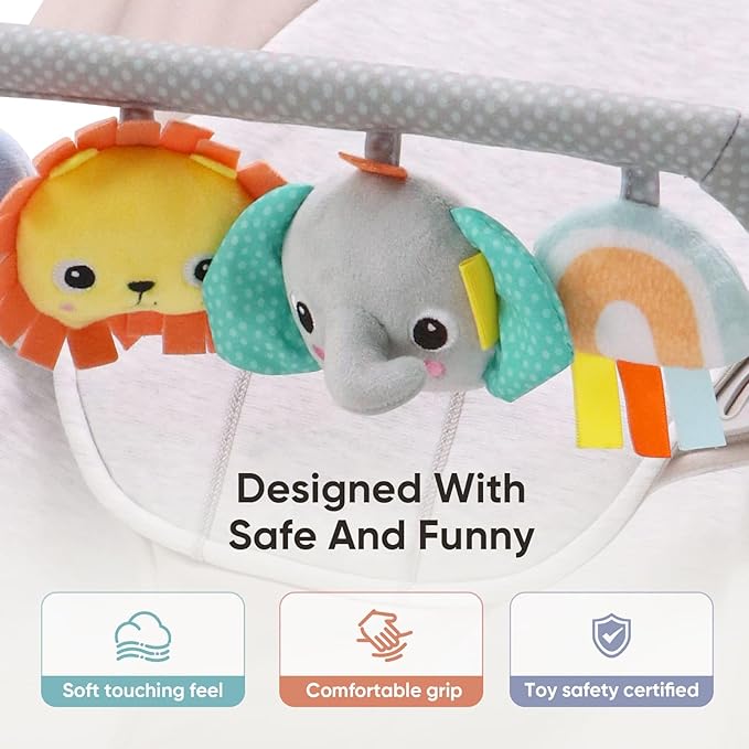 Baby Bouncer Toy Bar Soft with 4 Hanging Sensory Toys Attachment, Compatible with Baby Bjorn Bouncer, with Mirror, Rattle, Crinkle Sound for Babies All Ages (Colorful Animals)