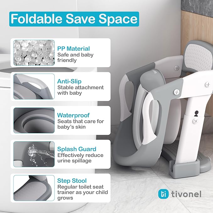 3-in-1 Toddler Potty Training Toilet Seat with Ladder | Foldable Toilet Potty Training Seat with Step Stool Ladder | 5-Level Adjustable Height | Soft Cushion, Splash Guard & Anti Slip Pad