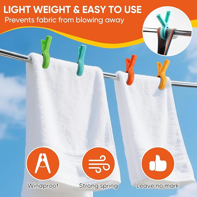 8 Pack Beach Towel Clips for Beach Chairs - Jumbo Size Beach Chair Clips for Pool Lounge Chairs, Cruise Essentials, Securely Hold Beach Towels, Blankets, Tent, Travel Vacation Must Have