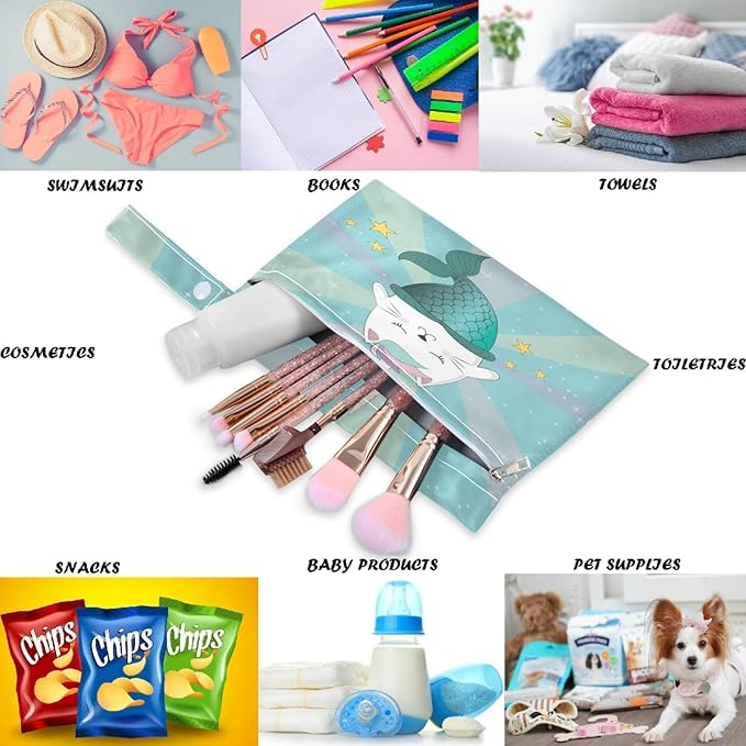 visesunny Fun Magic Cat Unicorn And Mermaid 2Pcs Wet Bag with 2 Zippered Pockets Snap Handle Washable Reusable Roomy for Travel,Beach,Pool,Daycare,Stroller,Diapers,Dirty Gym Clothes, Wet Swimsuits, To
