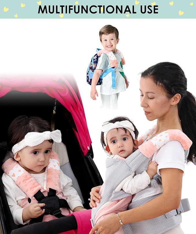 4 Pack Car Seat Belt Straps Cover for Baby Kids,Pink Baby Carrier Straps Covers Stroller Strap Pads Baby Car Seat Belt Neck Covers for Baby(9.8'’X2.2''inch)