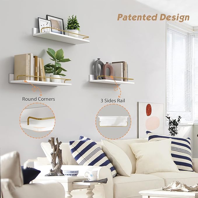 Forbena Gold Floating Shelves for Wall Decor Set of 3, Bathroom Shelves Over Toilet, Modern Display Wall Shelf with Guard Rail for Living Room Bedroom Organizers and Storage - White and Gold