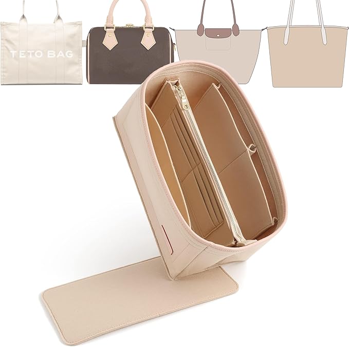 Doxo Purse Organizer Insert for Handbags & Base Shaper Combination,Tote Bag Organizer Insert Suitable to Lv Speedy 25,NeoNoe MM,Noe,Book Tote S,C.oach City 30,Long Champ Le-pliage S and More (M-Beige)