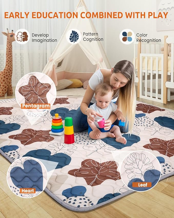 71x59 Playpen Mat Foam, Large Baby Play Mat for Babies Kids Toddlers Infants Floor Crawling, Foldable Cushioning Padded Baby Playmat for Indoor Outdoor, Girls Boys Essential Gift, Boho