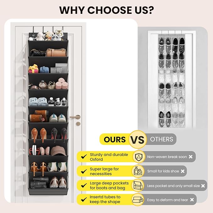 Mefirt 10 Tier Clear Over the Door Shoe Organizer with Deep Pockets, Door Shoes Rack with Hard Tube to Keep the Shape, Hanging Shoe Rack for Closet Organizers & Storage, Behind Door Shoe Holder Black