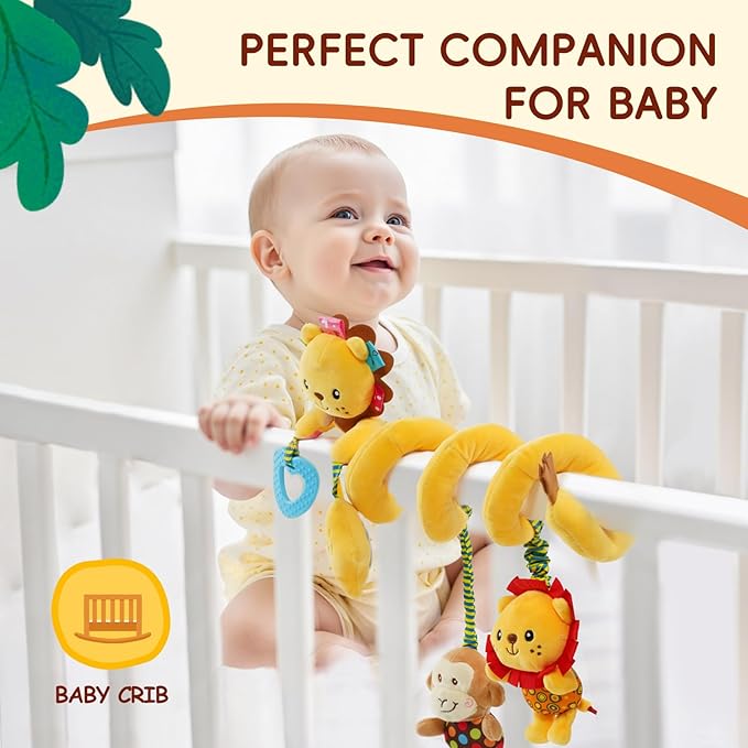 Jollybaby Crib Stroller Car Seat Toys for Baby 0-3-6-9-12 Months, Tummy Time Hanging Sensory Toys for Newborn with Music Box and Teether, Spiral Carseat Toy for Baby Boys Girls Gifts (07-Little Lion)
