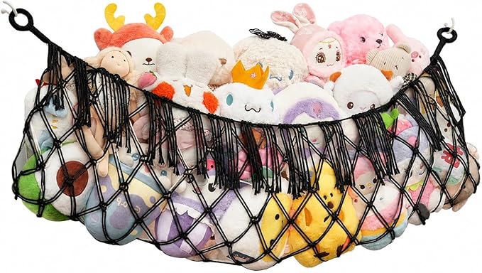 Stuffed Animal Net Hammock, Premium Cotton Hand-Knitted Plush Hammock, Save Space Eliminate Clutter Boho Stuffed Animal Storage for Nursery, Bedroom Decor, playrooms - Black