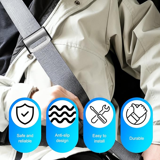 4 - Pack Seat Belt Adjuster Clips, Adjustable Anti - Slip Car Safety Positioners, Universal Fit for Vehicle Seatbelts, Comfort & Safety Accessory for Adults (Silver)