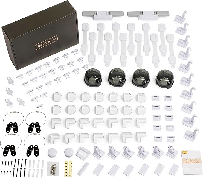 Baitiny Baby Proof Kit, 112 Packs Baby Proofing Essentials Set - Magnetic Cabinet Locks, Corner Guards, Outlet Plug, Furniture Straps, Door Lever Lock - Child Safety Kit for Cabinets, Stove, Furniture