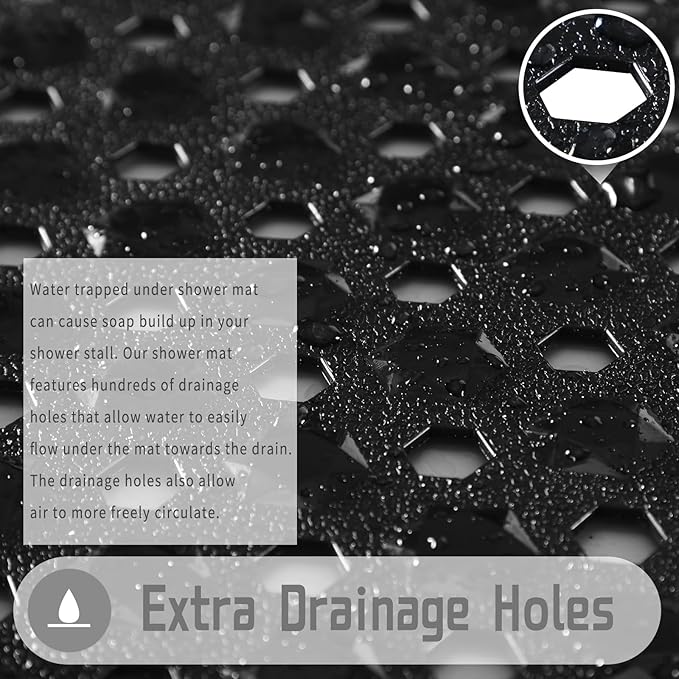 Yimobra Square Shower Floor Mat Non Slip, 21"x21" Machine Washable Bath Tub Mat, Soft on Feet, Bathmat with Drain Holes and Suction Cups, Fast Draining, Black