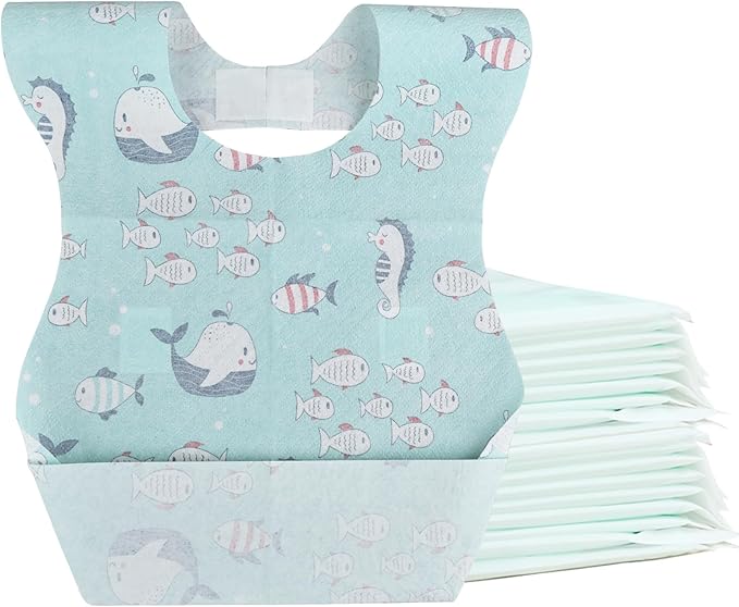 Baby Disposable Bibs Travel Feeding Bib 25pcs - Leakproof Liner, Food Catcher Pocket for 6-18 Months Babies Toddlers