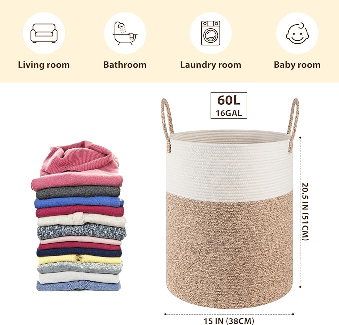 OIAHOMY Large Laundry Basket Hamper - 60L Cotton Rope Woven Basket for Blankets, Toys, Clothes - Tall Decorative Nursery Hamper with Long Handles, Brown/White