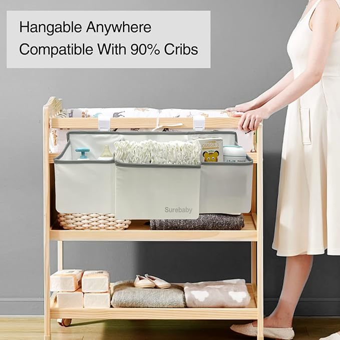 Hanging Baby Diaper Caddy, 3-in-1 Diaper Caddy Organizer Holder For Baby Crib, Nursery Organization Diaper Stacker Storage For Crib, Changing Table, Car, Wall-White