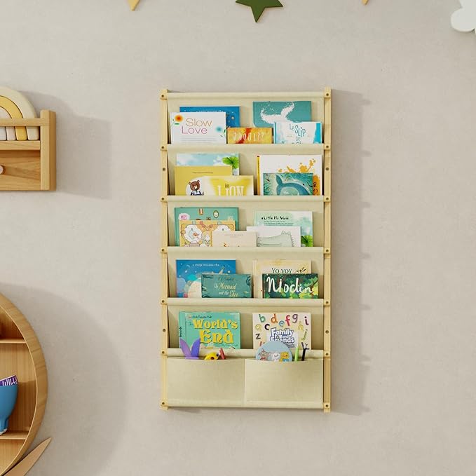 Wood 6-Tier Wall Mounted Kids Bookshelf – Floating Book Shelf For Kids Rooms,Nursery & Classroom, Hanging Bookcase Organizer For Books,Toddler Book Shelf, Montessori Bookshelf, Nursery Shelves (Small)
