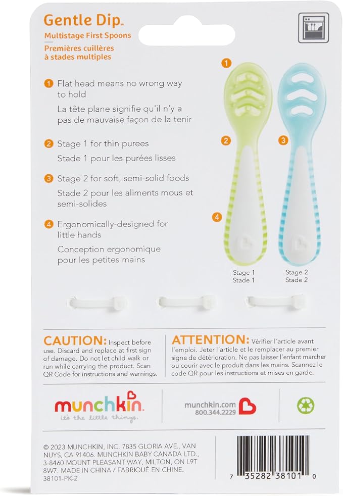 Munchkin® Gentle Dip™ Baby Spoons for Self Feeding and Baby Led Weaning, 3 Pack, Blue/Green