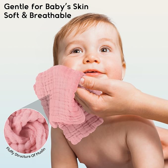 Unnivoll Muslin Burp Cloths Baby 12''X12'', Baby Washcloths 6 Pack, 100% Cotton Baby Wash Cloths Absorbent and Soft for Newborn Infants Kids Boys Girls - Gradient Pink