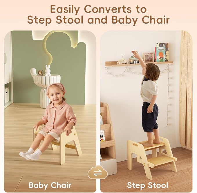 Toddler Step Stool, 2 in 1 Kids Step Stool with Safety Non-Slip Pads and Handles, Wooden Potty Training Stool, Kids Stools Toddler Stool for Bathroom Sink, Kitchen, Bedroom, Nursery, Natural
