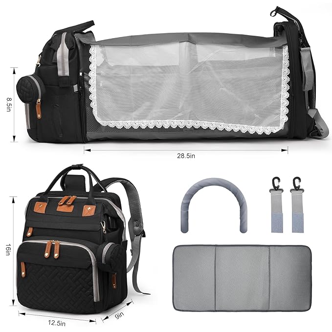 JKJRJJ Diaper Bag Backpack with Changing Station, Large Diaper Bag For Boys And Girls, Multifunctional Waterproof Travel Diaper Backpack, Baby Bag with USB Charging Port for Moms Dads,black