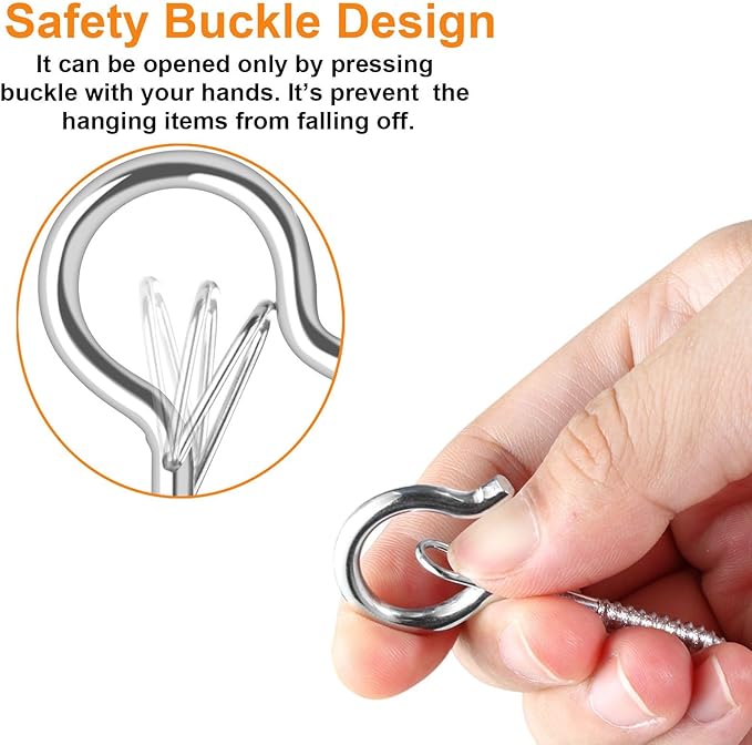 FSAH 48 PCS Q-Hanger Hooks, Screw Hooks for Outdoor String Lights, Safety Buckle Design Cup Eye Hook for Hanging Christmas Lights, Plants, Mounted on Wall Ceiling, Include 1 Wing Nut Driver, Silver