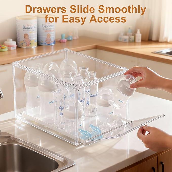 ERTIUANIO Baby Bottle Organizer, Clear Stackable Acrylic Storage for Countertop Cabinet, Baby Bottle Station Organizer with drawer for Pacifiers, Pump Parts